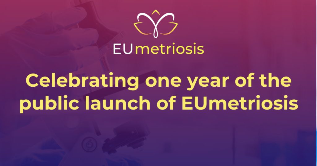 Purple ombre background with the EUmetriosis logo at the top and tellow text that reads celebrating one year of the public launch of EUmetriosis